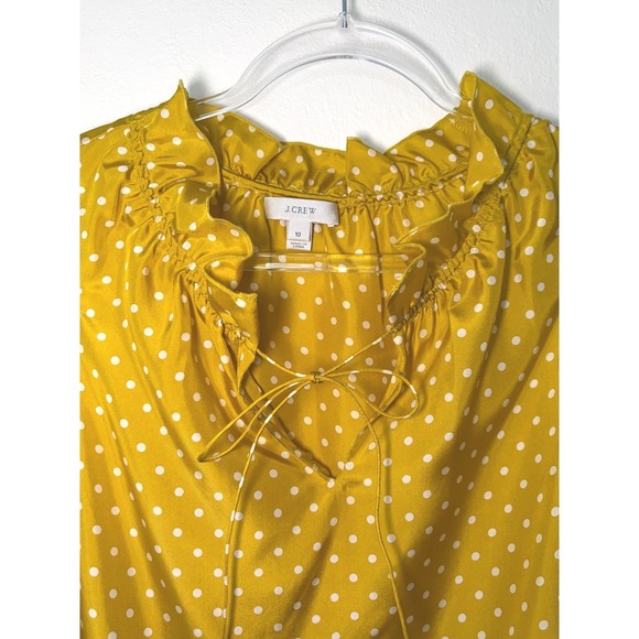 J.Crew Tops - J.Crew Naomi 100% Silk Mustard Polka Dot Ruffle Tie Neck Blouse Size 10